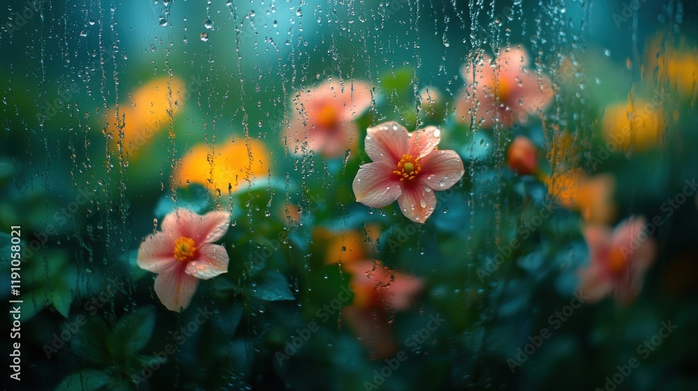 Rainy window, pink flowers, blurred background. Rainy window, pink flowers, blurred background.