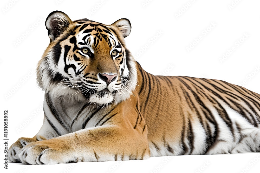 Obraz premium Majestic Tiger Resting, Wild Cat's Stripes, Powerful Predator, Orange Fur, Beautiful Animal