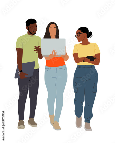 Young business team members standing, talking, working on laptop together. Multiracial people in casual office clothes flat vector illustration isolated
