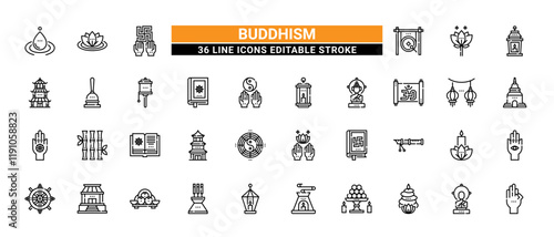36 Buddhism Line Icons Set Pack Editable Stroke Vector Illustration.