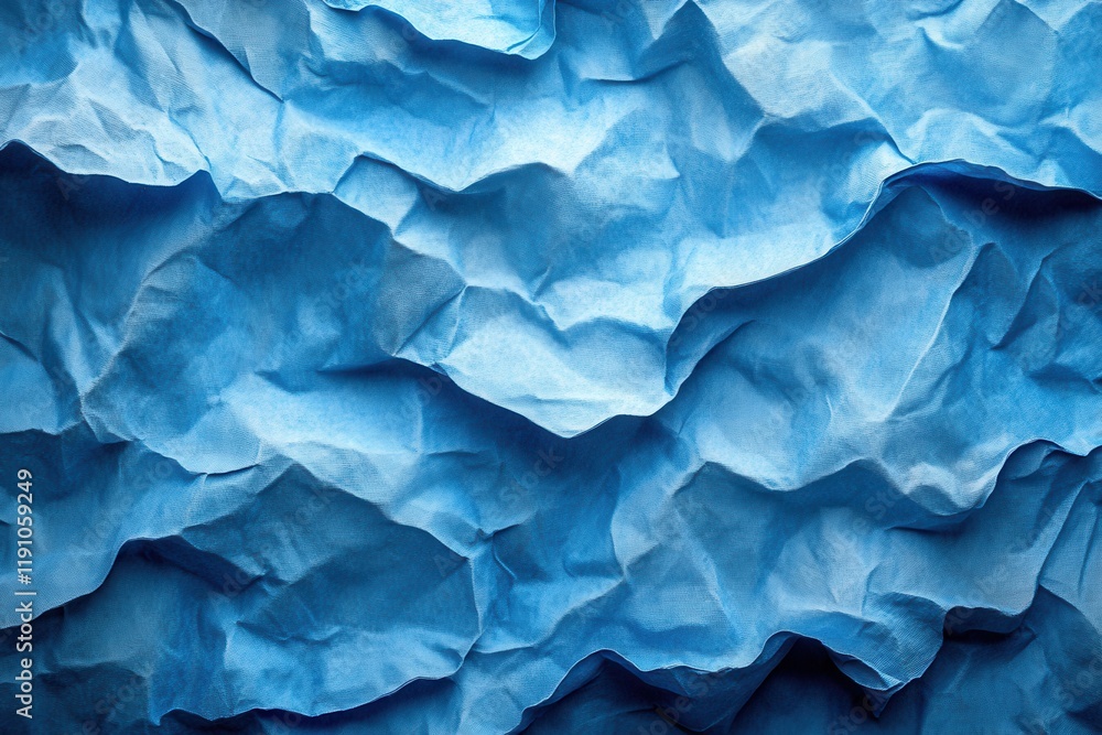 Crumpled blue paper creating textured waves with shadows and highlights in a subtle artistic representation