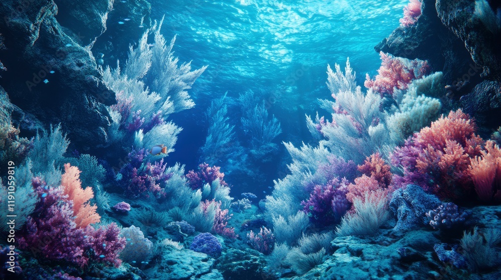 Naklejka premium Underwater marine life of a coral reef. Illustration of background in a blue palette colours 