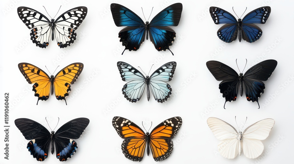 A Stunning Collection of Colorful Butterflies Displayed in a Symmetrical Arrangement on a White Background for Nature Lovers and Art Enthusiasts A Stunning Collection of Colorful Butterflies Displayed in a Symmetrical Arrangement on a White Background for Nature Lovers and Art Enthusiasts