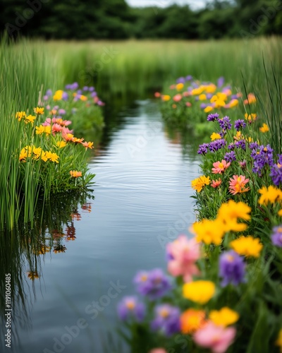 Serene stream, colorful flowers bloom