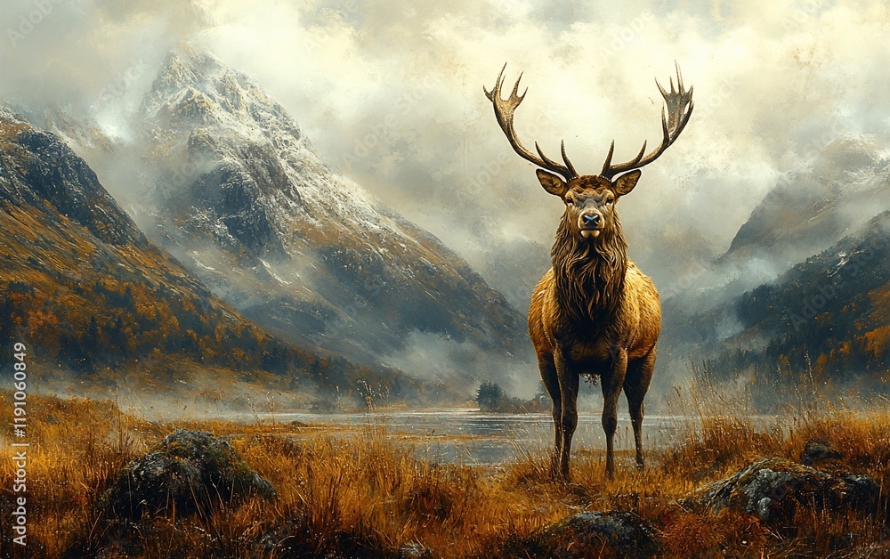 Fototapeta premium Majestic Stag in Misty Highlands: A Breathtaking Autumn Landscape