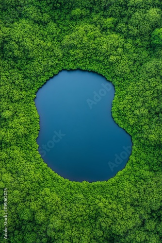 Aerial view of a hidden lake in lush jungle.