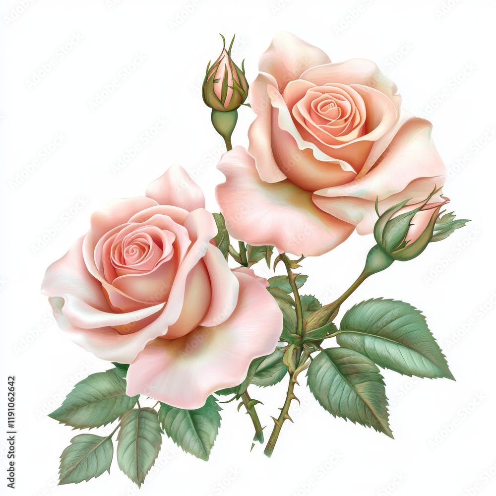 Naklejka premium Beautiful baby pink roses with delicate petals and green leaves, symbolizing love and elegance. Perfect for floral designs and romantic themes