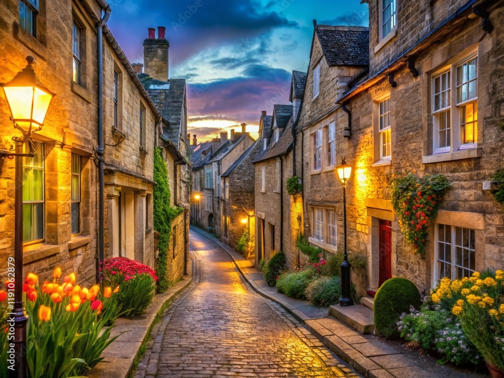 Naklejka premium Stamford Lincolnshire Springtime Street Photography - Wonky Buildings, Low Light Charm