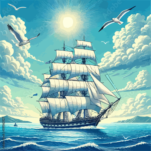 illustration of a salling  ship in the sea
