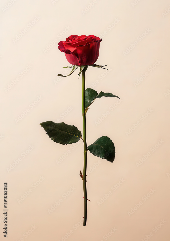 Fototapeta premium single red rose with green leaves on beige background, evoking simplicity and elegance