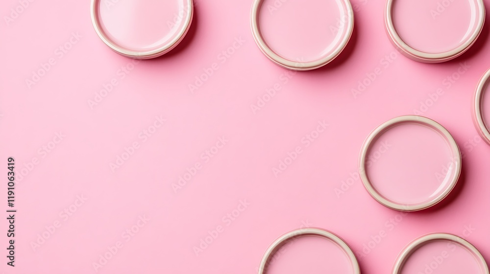 Pink circular containers arranged on a pink background Pink circular containers arranged on a pink background