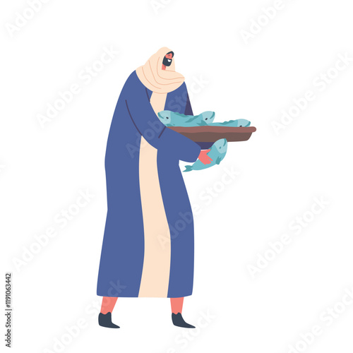 Cheerful Apostle of Jesus Christ Gives Fish to Hungry Listeners. New Testament Narrative. Cartoon Vector Illustration