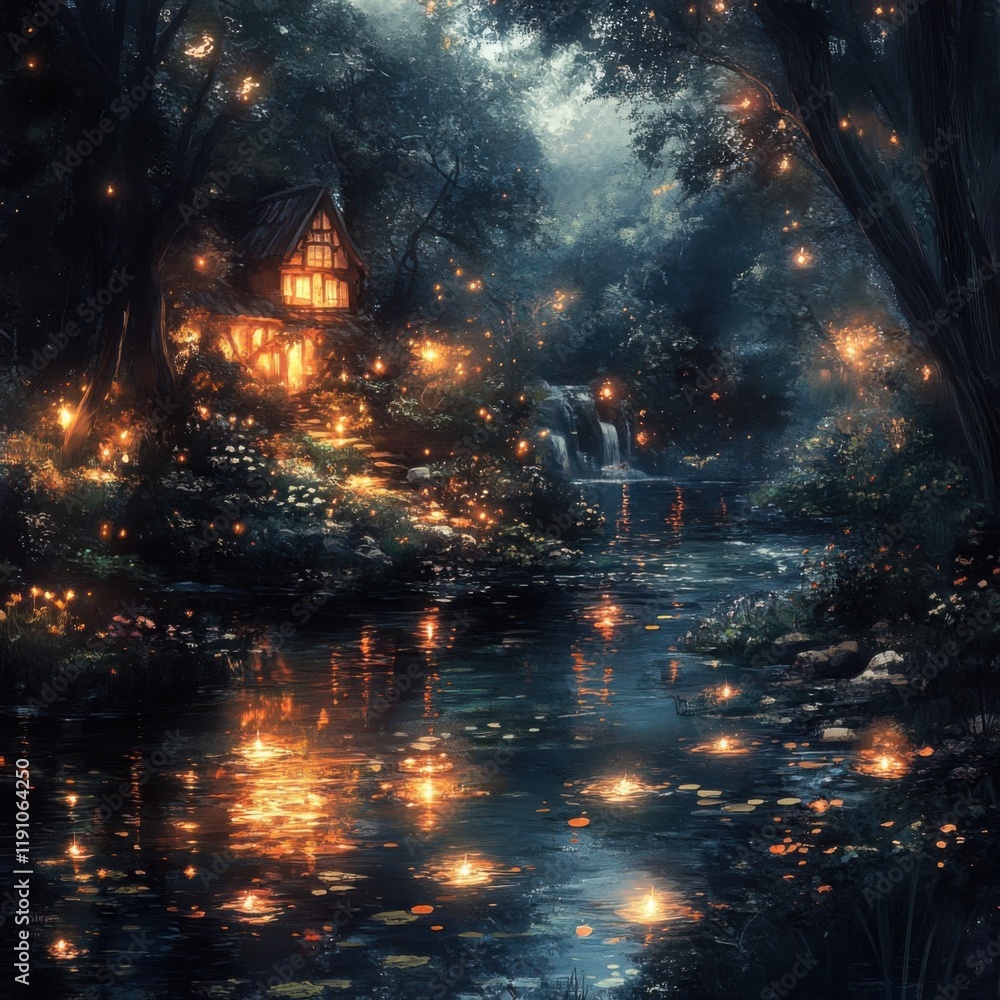 Fototapeta premium Enchanted Forest Scene with Fairy Lights and Cottage