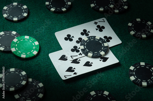 Canvastavla Game environment on the table in a poker club with a combination of cards one pair and chips