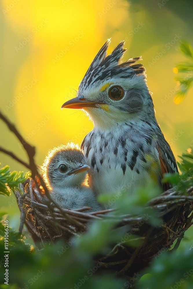 Fototapeta premium Bird and chick nestled in a nest, golden light.