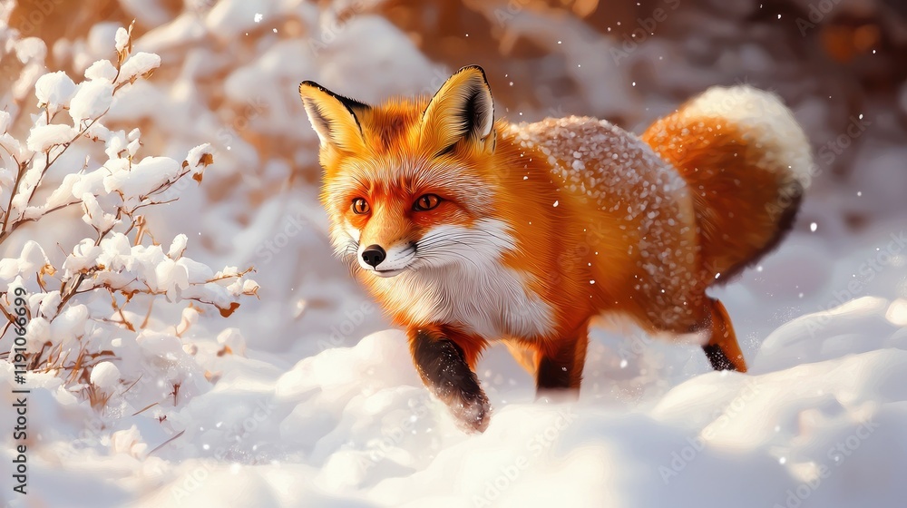Fototapeta premium Curious Red Fox Wanders Through Snowy Winter Landscape