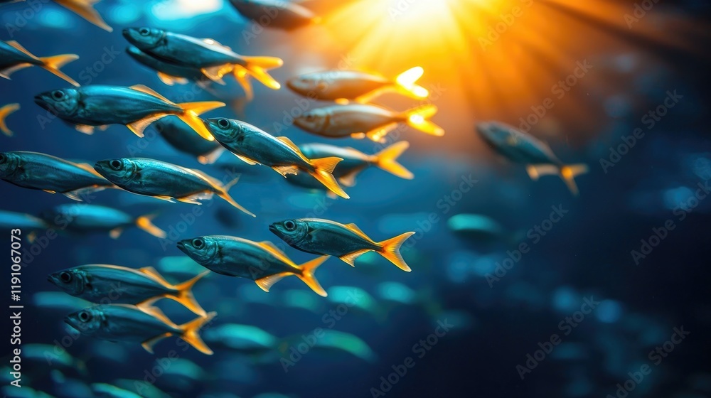 Fototapeta premium Underwater Scene with Fish and Sunlight Rays in Ocean Environment