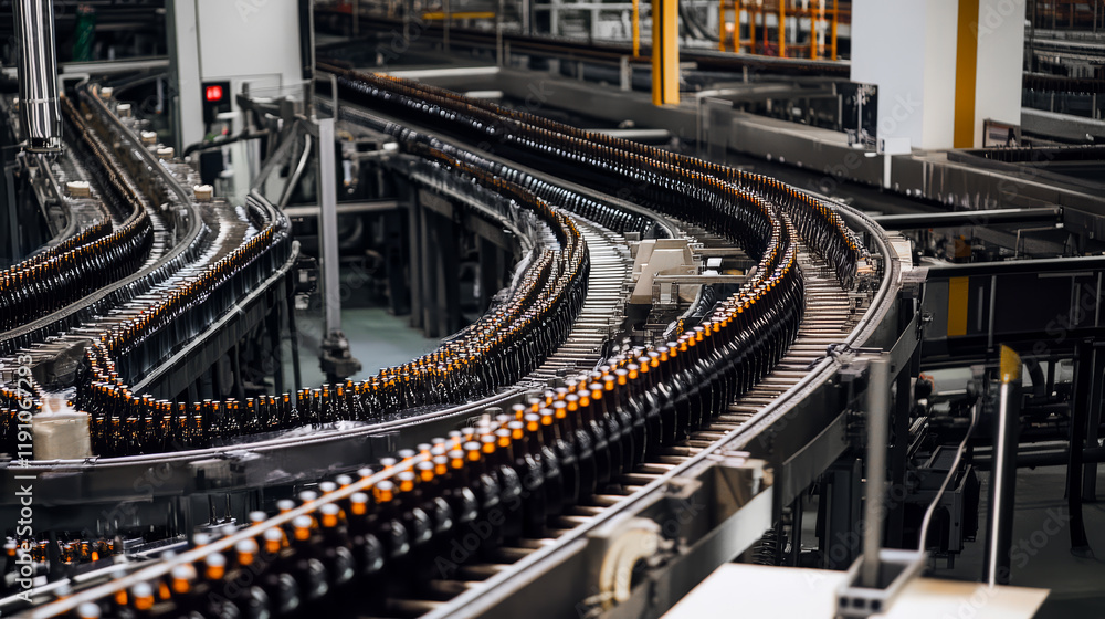 Naklejka premium Conveyor belt with many bottles in production