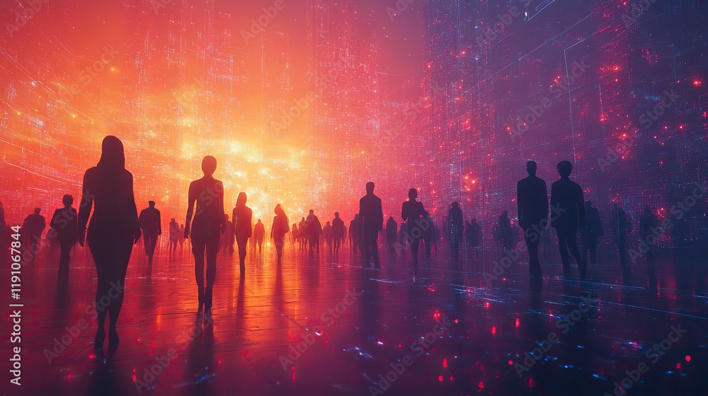 Virtual people silhouettes represent connectivity, business social networks, demographics, the internet, global online networking, futuristic technology, big data, and information Virtual people silhouettes represent connectivity, business social networks, demographics, the internet, global online networking, futuristic technology, big data, and information