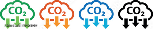 CO2 Reduction Icon Set: Carbon Cut, Zero Emissions, and Low Greenhouse Gas Pictograms in Multicolor Collection