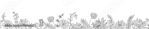 Autumn flowers and herbs border. Horizontal seamless banner, floral overlay backdrop. Botanical monochrome ink sketch style hand drawn vector illustration isolated