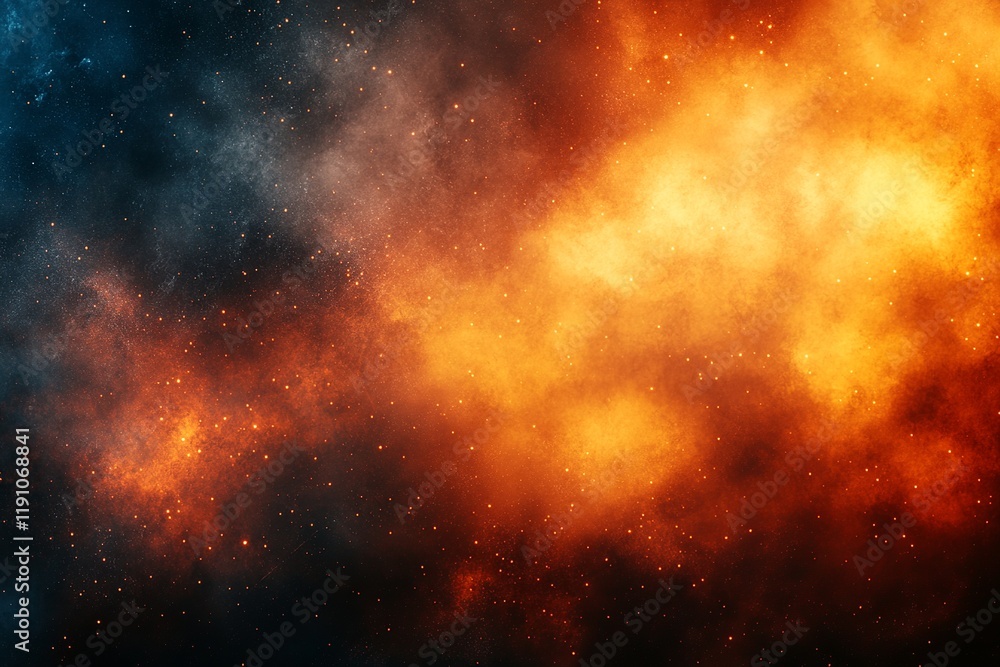 Fototapeta premium A vibrant cosmic scene featuring swirling clouds of orange and blue, resembling a nebula.