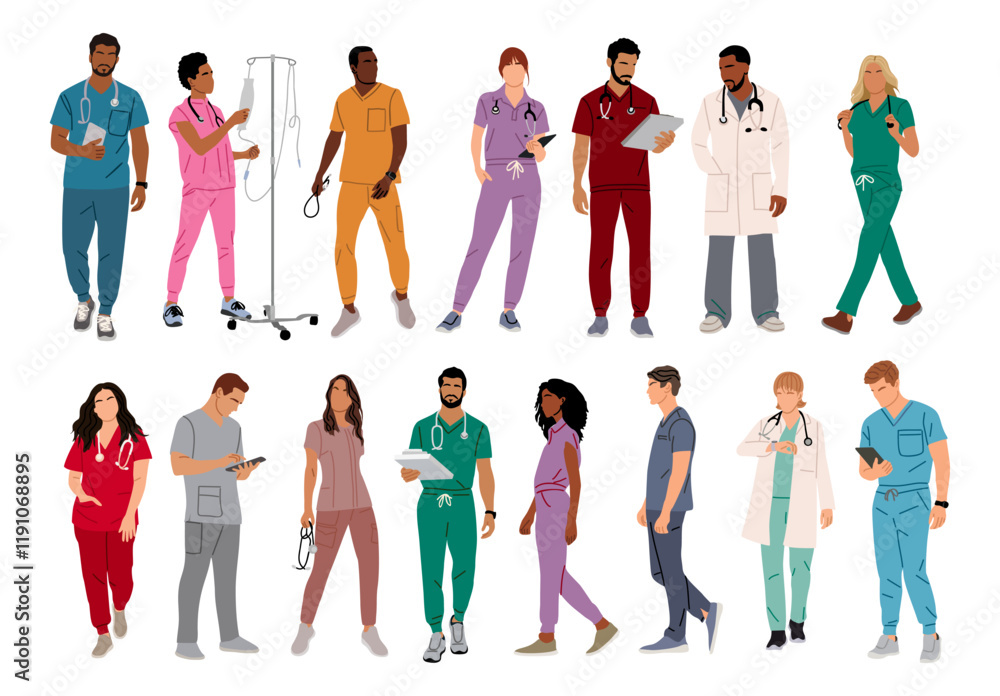 Obraz premium Set of doctors, nurses, paramedics. Different male and female medic workers in uniform with stethoscopes. Flat cartoon vector illustration isolated