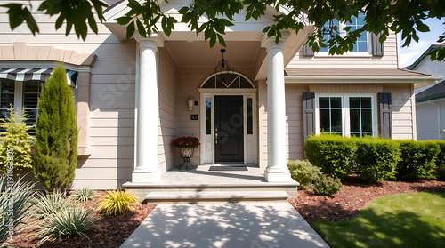 Luxury House Exterior with Columns and Landscaping: Dream Home in a Picturesque Setting photo