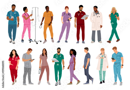 Set of doctors, nurses, paramedics. Different male and female medic workers in uniform with stethoscopes. Flat cartoon vector illustration isolated