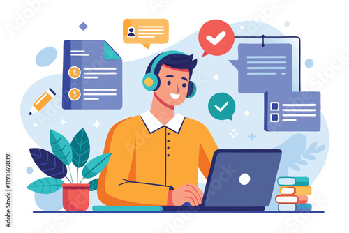 AI Generated image of a call center professional, wearing a headset, reading telephonic survey feedback and documenting critical insights with focused attention.