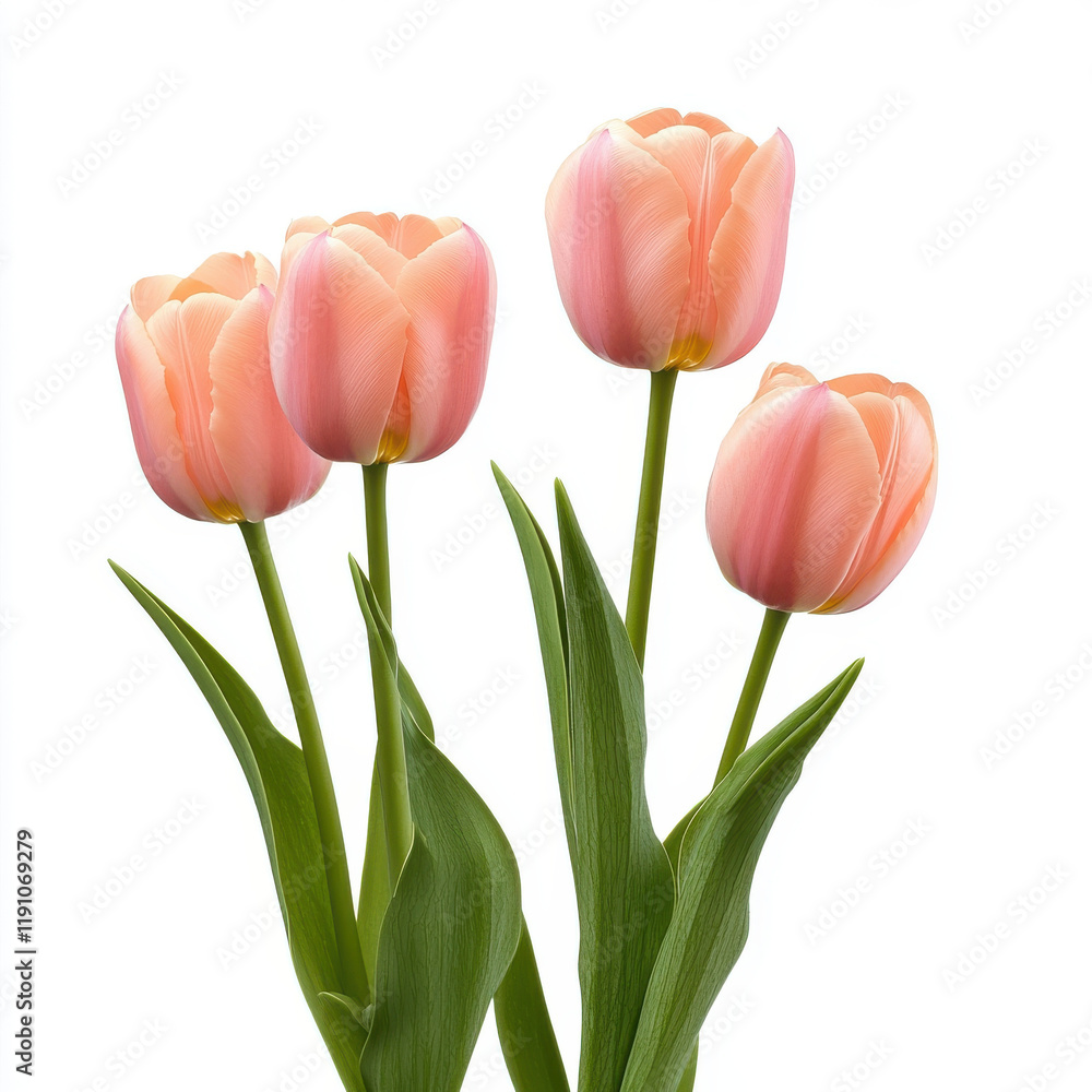 Beautiful pink tulips with green leaves, isolated on white background, evoke sense of freshness and elegance, perfect for spring decor or floral arrangements Beautiful pink tulips with green leaves, isolated on white background, evoke sense of freshness and elegance, perfect for spring decor or floral arrangements