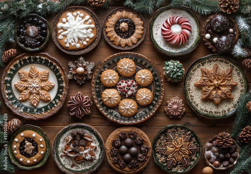 Festive Collection of Holiday Cookies and Desserts on Rustic Wooden Table Surrounded by Pinecones and Evergreen Decorations Festive Collection of Holiday Cookies and Desserts on Rustic Wooden Table Surrounded by Pinecones and Evergreen Decorations