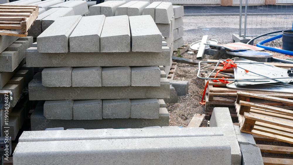 Fototapeta premium Large concrete blocks for construction and renovation of a construction site, without people, Europe, France