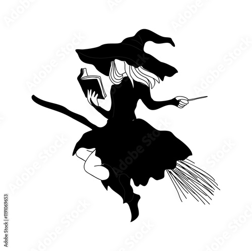 Cute witch black silhouette. Pretty young woman in traditional Halloween magic costume flying on the broomstick with book. Outline drawing vector illustration isolated
