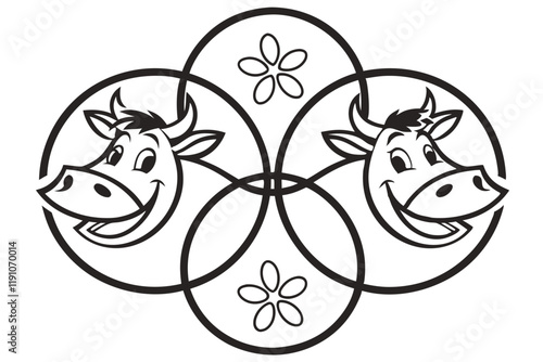 cow faces, simple cartoon style, black and white, minimalist design, bovine icons, cute animal illustrations, symmetrical composition, graphic design elements, logo inspiration, farm animal motif, vec