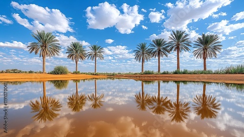 A serene landscape featuring palm trees and their reflections in a tranquil water body.