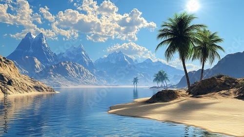 A serene landscape featuring mountains, a calm lake, and palm trees under a bright sky.