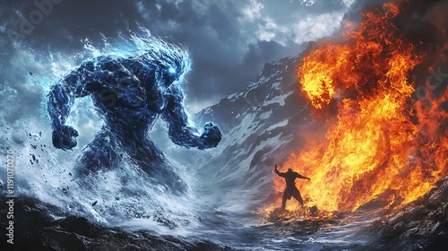 Water golem battling a fire elemental in a rugged mountain landscape