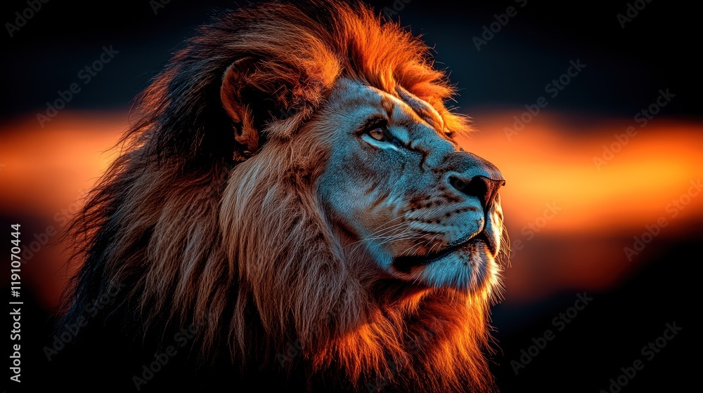 Fototapeta premium Majestic lion at sunset, profile view.