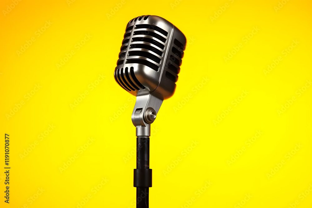 Fototapeta premium A vintage-style microphone on a stand against a bright yellow background, ideal for music or performance themes.
