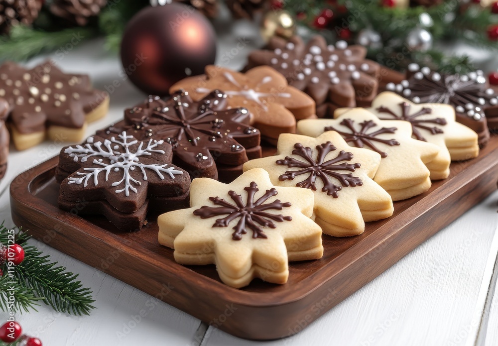Festive Snowflake Cookies on Wooden Platter Surrounded by Holiday Decorations, Perfect for Winter Celebrations and Christmas Gatherings Festive Snowflake Cookies on Wooden Platter Surrounded by Holiday Decorations, Perfect for Winter Celebrations and Christmas Gatherings