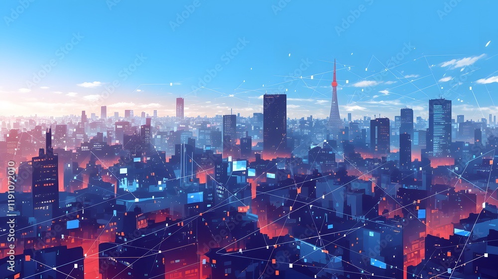 custom made wallpaper toronto digitalA modern city landscape depicted with connecting dots and lines, showcasing high-speed internet and cloud storage