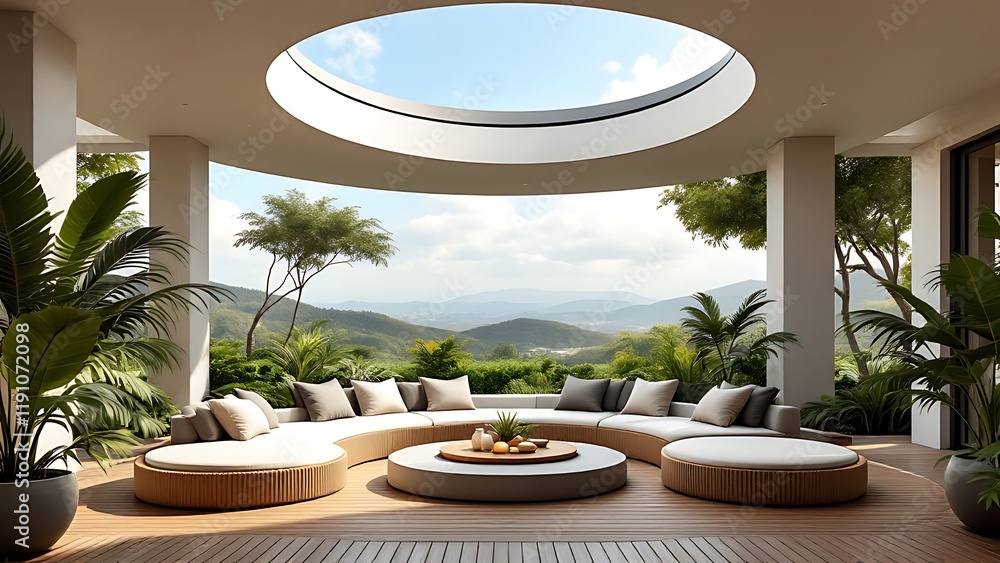 Fototapeta premium Minimalist outdoor lounge area with round wicker chairs and a circular skylight overlooking a lush landscape. Modern architectural interior design concept.