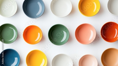 A vibrant arrangement of colorful ceramic bowls in various shades, neatly displayed in a grid pattern on a white surface.