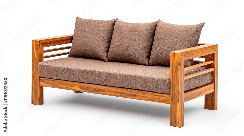 A stylish wooden sofa with three plush cushions, perfect for enhancing any living space with comfort and elegance. A stylish wooden sofa with three plush cushions, perfect for enhancing any living space with comfort and elegance.