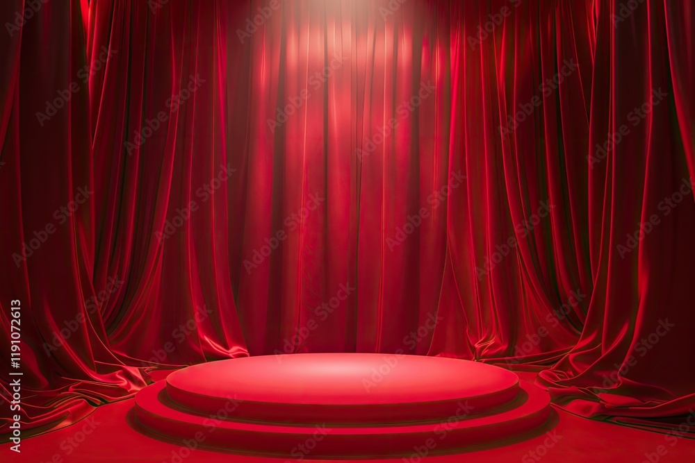 High Definition Image of 3D Podium Red Background and Fabric Curtain with Spotlight Luxury High Definition Image of 3D Podium Red Background and Fabric Curtain with Spotlight Luxury