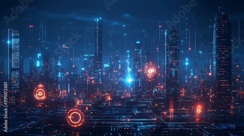 Futuristic cityscape visualization urban environment digital art night photo