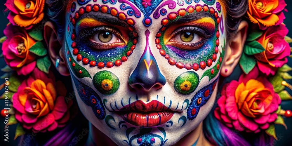 Naklejka premium Sugar Skull Makeup: Vibrant Close-up of Day of the Dead Face Paint