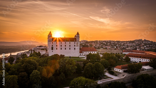 Canvas Print sunset over the bridge, castle, Bratislava, Slovakia
