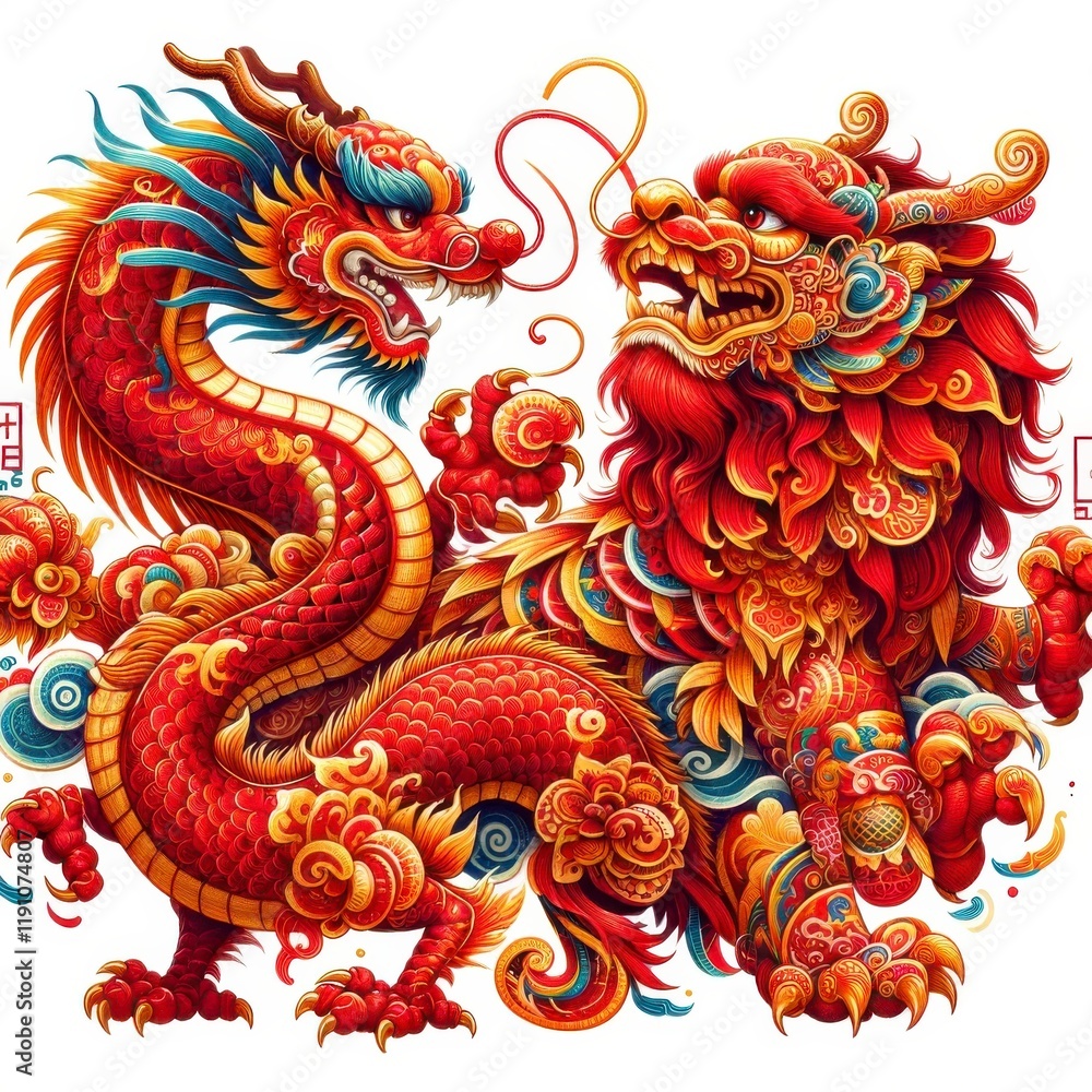 Vibrant illustration of a dragon and lion in traditional style, showcasing intricate details and rich colors against a white backdrop. Vibrant illustration of a dragon and lion in traditional style, showcasing intricate details and rich colors against a white backdrop.